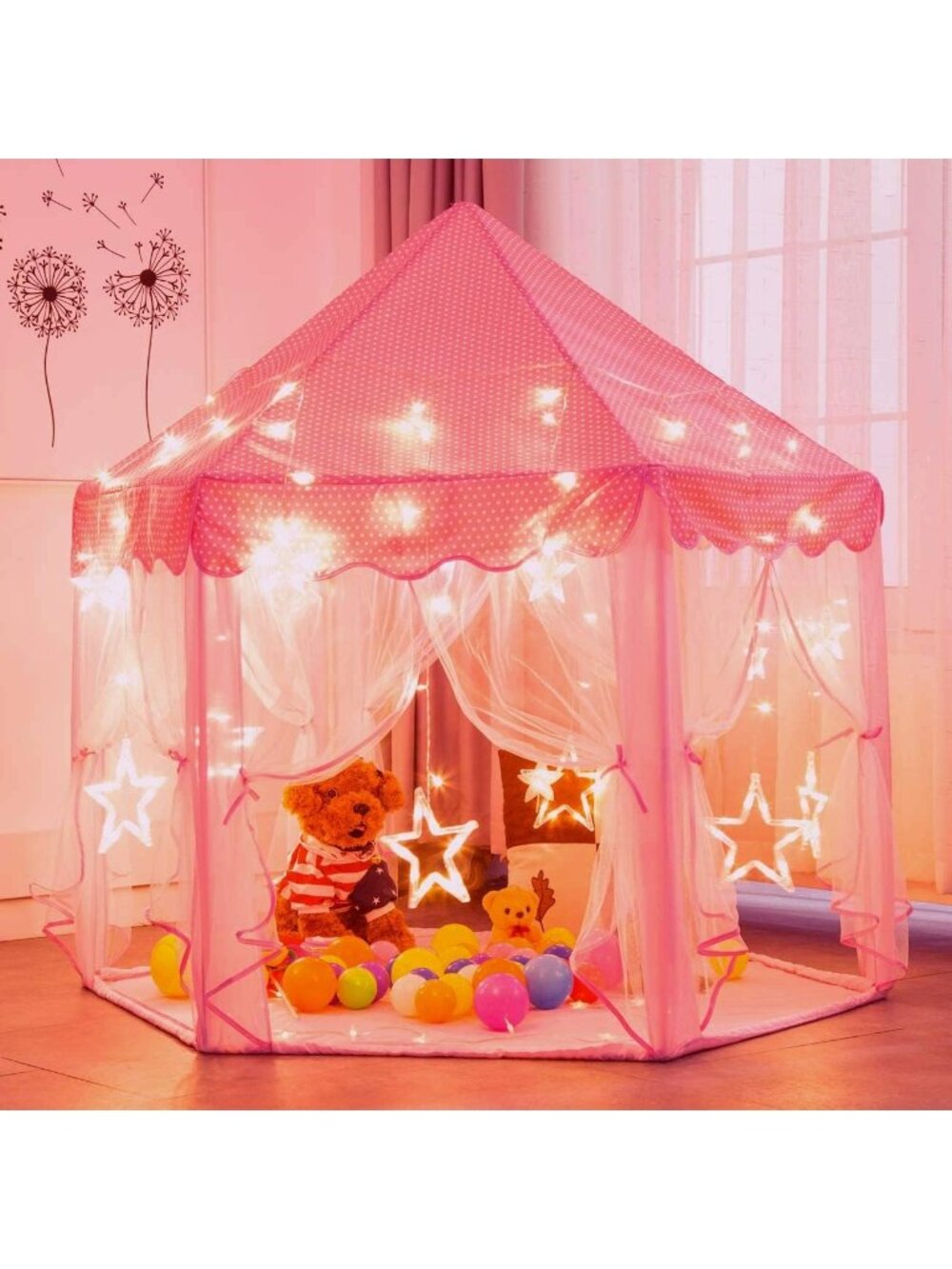Kids Pink Castle Play Tent with Rug Star Lights Indoor and Outdoor Games